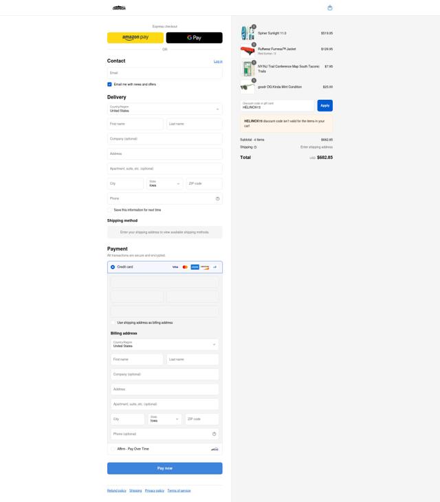 Campmor checkout page showing Campmor coupon code box | Screenshot taken by SimplyCodes community member on Sep 8, 2025