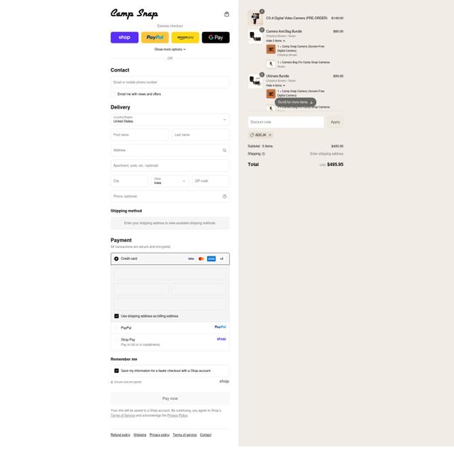 Camp Snap checkout page showing Camp Snap discount code box | Screenshot taken by SimplyCodes community member on Sep 16, 2025