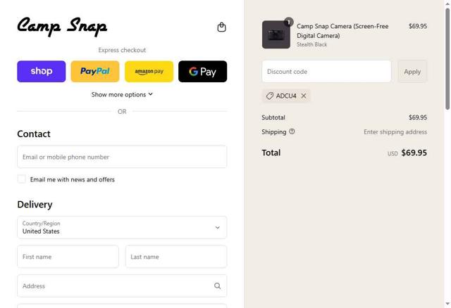 Camp Snap checkout page showing Camp Snap discount code box | Screenshot taken by SimplyCodes community member on Sep 16, 2025
