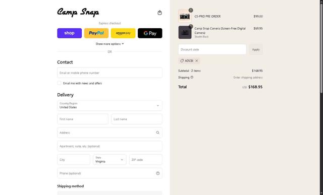 Camp Snap checkout page showing Camp Snap discount code box | Screenshot taken by SimplyCodes community member on Sep 14, 2025