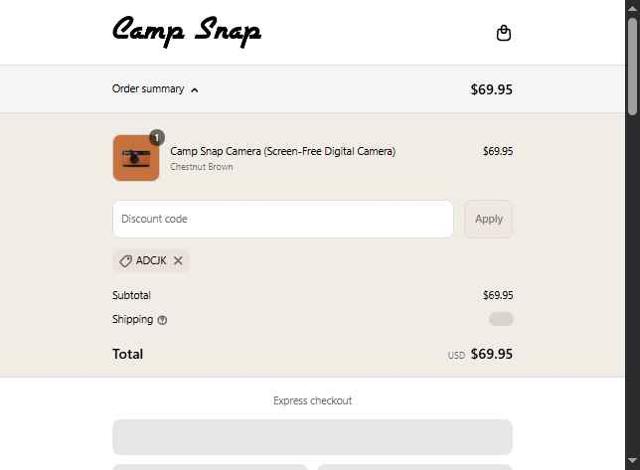 Camp Snap checkout page showing Camp Snap discount code box | Screenshot taken by SimplyCodes community member on Sep 16, 2025