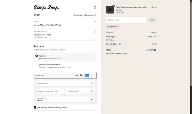 Camp Snap checkout page showing Camp Snap discount code box | Screenshot taken by SimplyCodes community member on Sep 16, 2025