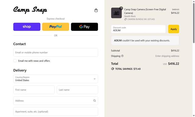 Camp Snap checkout page showing Camp Snap discount code box | Screenshot taken by SimplyCodes community member on Sep 15, 2025