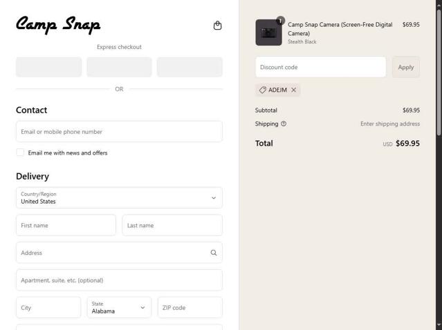 Camp Snap checkout page showing Camp Snap discount code box | Screenshot taken by SimplyCodes community member on Sep 15, 2025