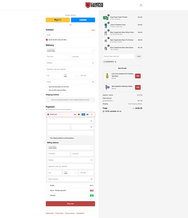 Campus Protein checkout page showing Campus Protein promo code box | Screenshot taken by SimplyCodes community member on Sep 5, 2025