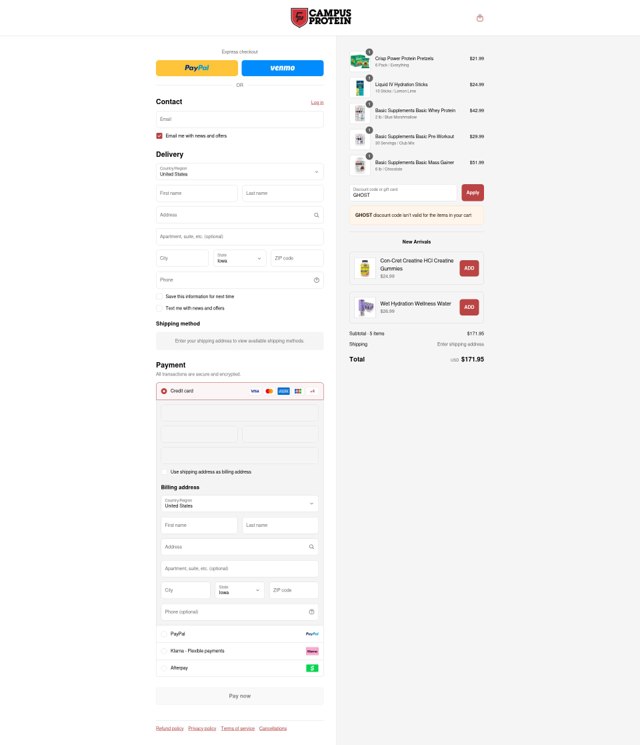 Campus Protein checkout page showing Campus Protein promo code box | Screenshot taken by SimplyCodes community member on Sep 5, 2025