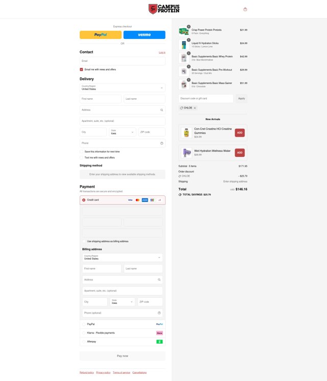Campus Protein checkout page showing Campus Protein promo code box | Screenshot taken by SimplyCodes community member on Sep 5, 2025