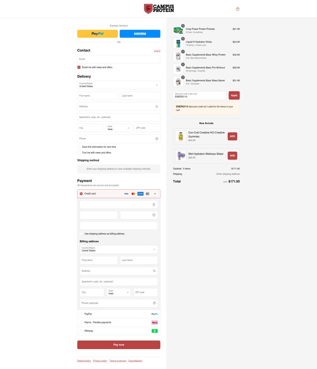 Campus Protein checkout page showing Campus Protein promo code box | Screenshot taken by SimplyCodes community member on Sep 5, 2025