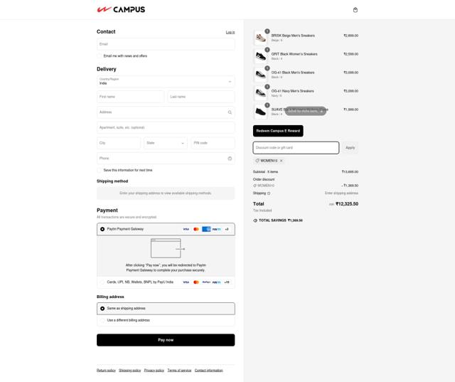 Campus Shoes checkout page showing Campus Shoes promo code box | Screenshot taken by SimplyCodes community member on Mar 9, 2025