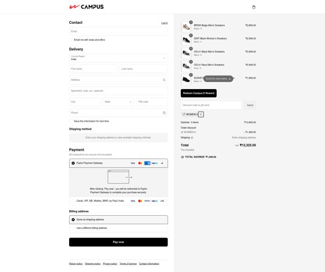 Campus Shoes checkout page showing Campus Shoes promo code box | Screenshot taken by SimplyCodes community member on Mar 10, 2025