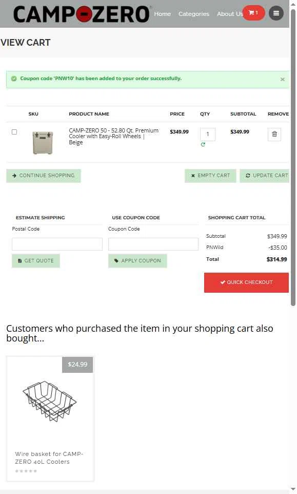 Camp-Zero checkout page showing Camp-Zero promo code box | Screenshot taken by SimplyCodes community member on Oct 7, 2025