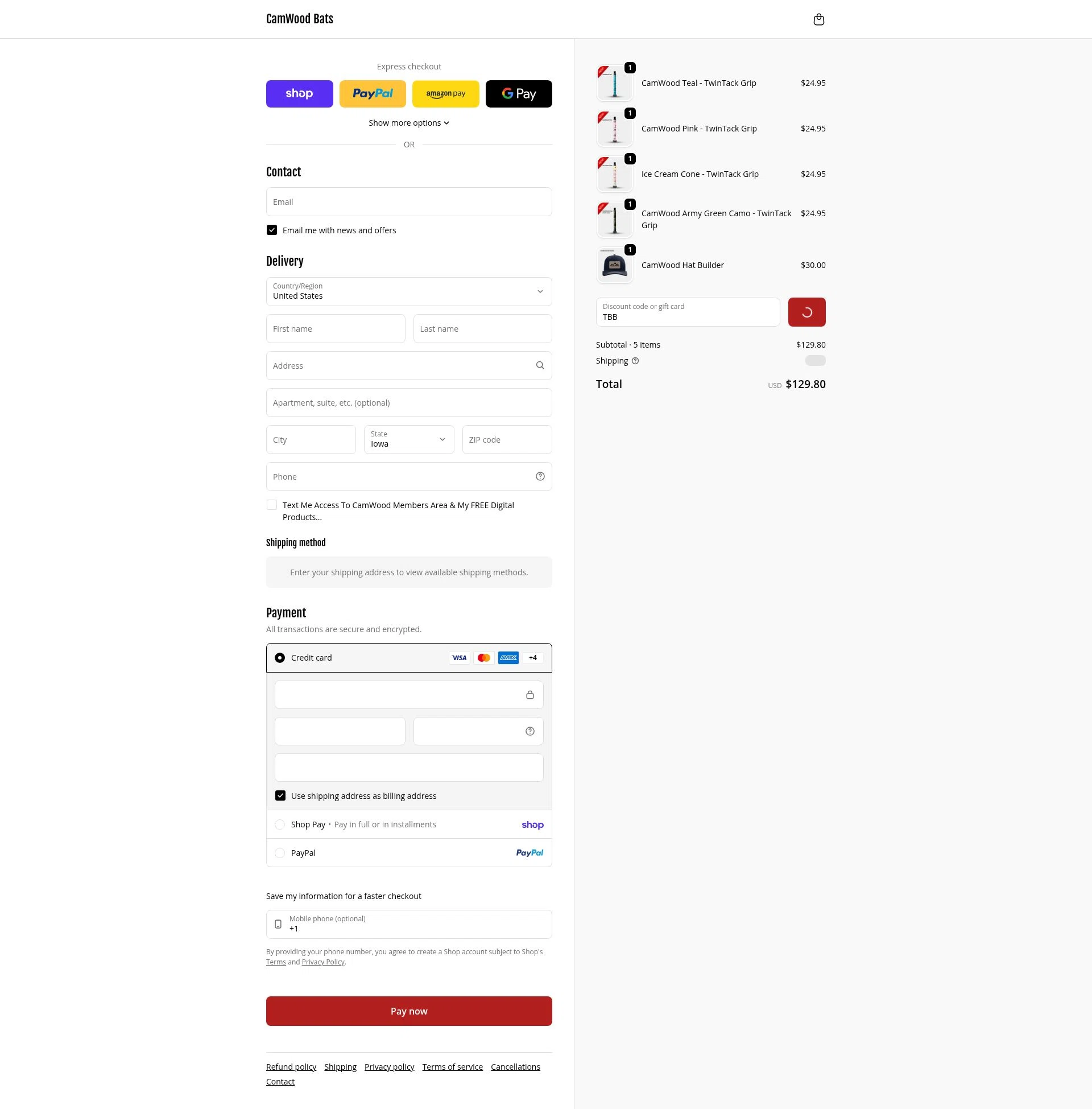 CamWood Bats checkout page showing CamWood Bats discount code box | Screenshot taken by SimplyCodes community member on Feb 7, 2026