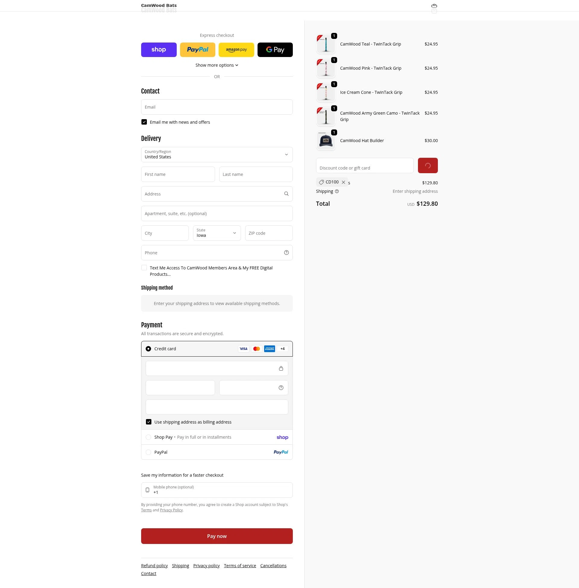CamWood Bats checkout page showing CamWood Bats discount code box | Screenshot taken by SimplyCodes community member on Feb 7, 2026