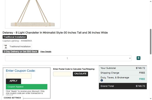 Canada Lighting Experts checkout page showing Canada Lighting Experts promo code box | Screenshot taken by SimplyCodes community member on May 17, 2025