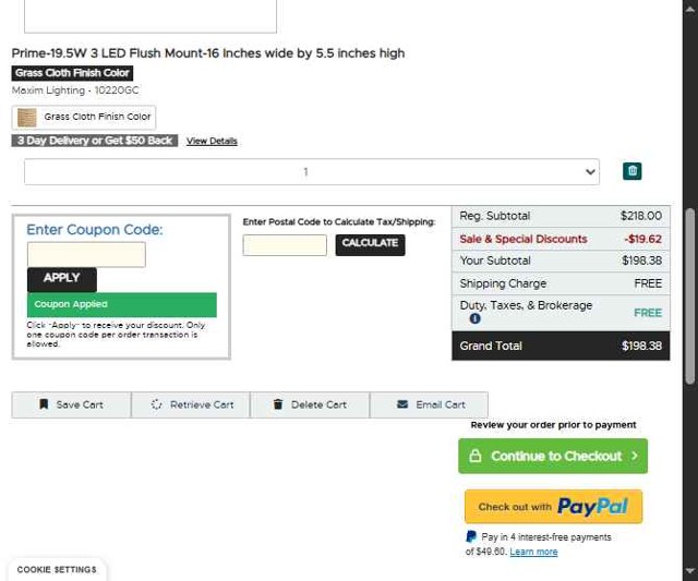 Canada Lighting Experts checkout page showing Canada Lighting Experts promo code box | Screenshot taken by SimplyCodes community member on May 17, 2025