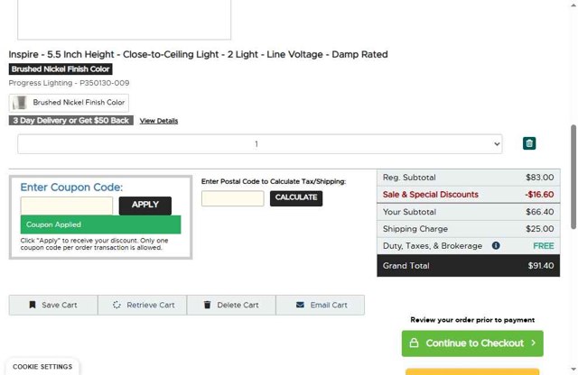 Canada Lighting Experts checkout page showing Canada Lighting Experts promo code box | Screenshot taken by SimplyCodes community member on Jul 11, 2025