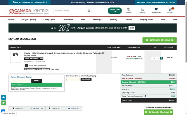 Canada Lighting Experts checkout page showing Canada Lighting Experts promo code box | Screenshot taken by SimplyCodes community member on Aug 3, 2025