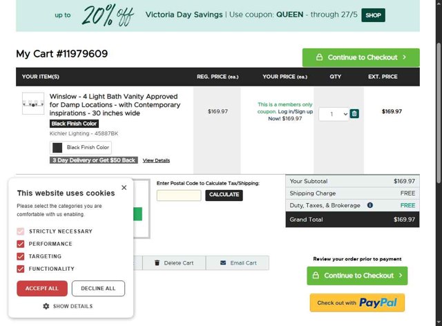 Canada Lighting Experts checkout page showing Canada Lighting Experts promo code box | Screenshot taken by SimplyCodes community member on May 17, 2025