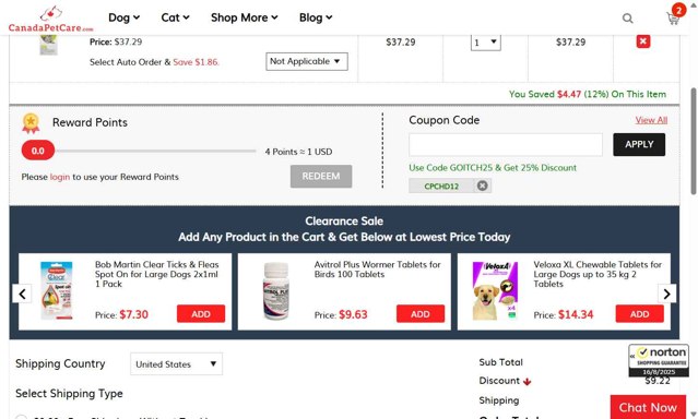 CanadaPetCare.com checkout page showing CanadaPetCare.com promo code box | Screenshot taken by SimplyCodes community member on Aug 16, 2025