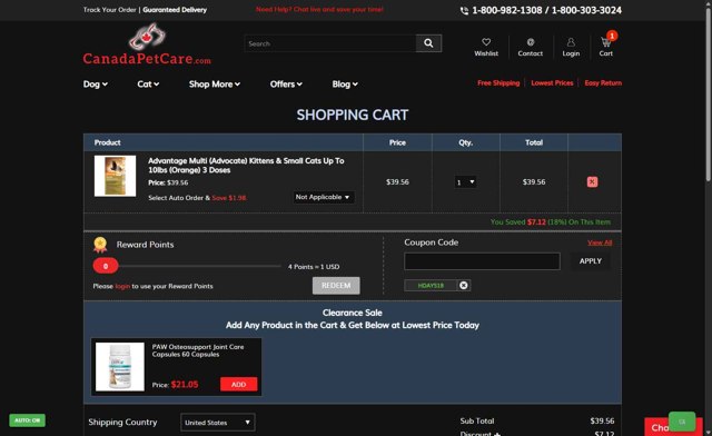 CanadaPetCare.com checkout page showing CanadaPetCare.com promo code box | Screenshot taken by SimplyCodes community member on Aug 28, 2025