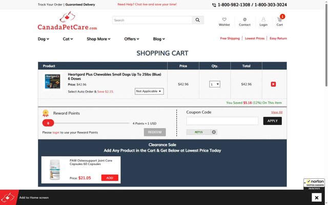 CanadaPetCare.com checkout page showing CanadaPetCare.com promo code box | Screenshot taken by SimplyCodes community member on Aug 28, 2025
