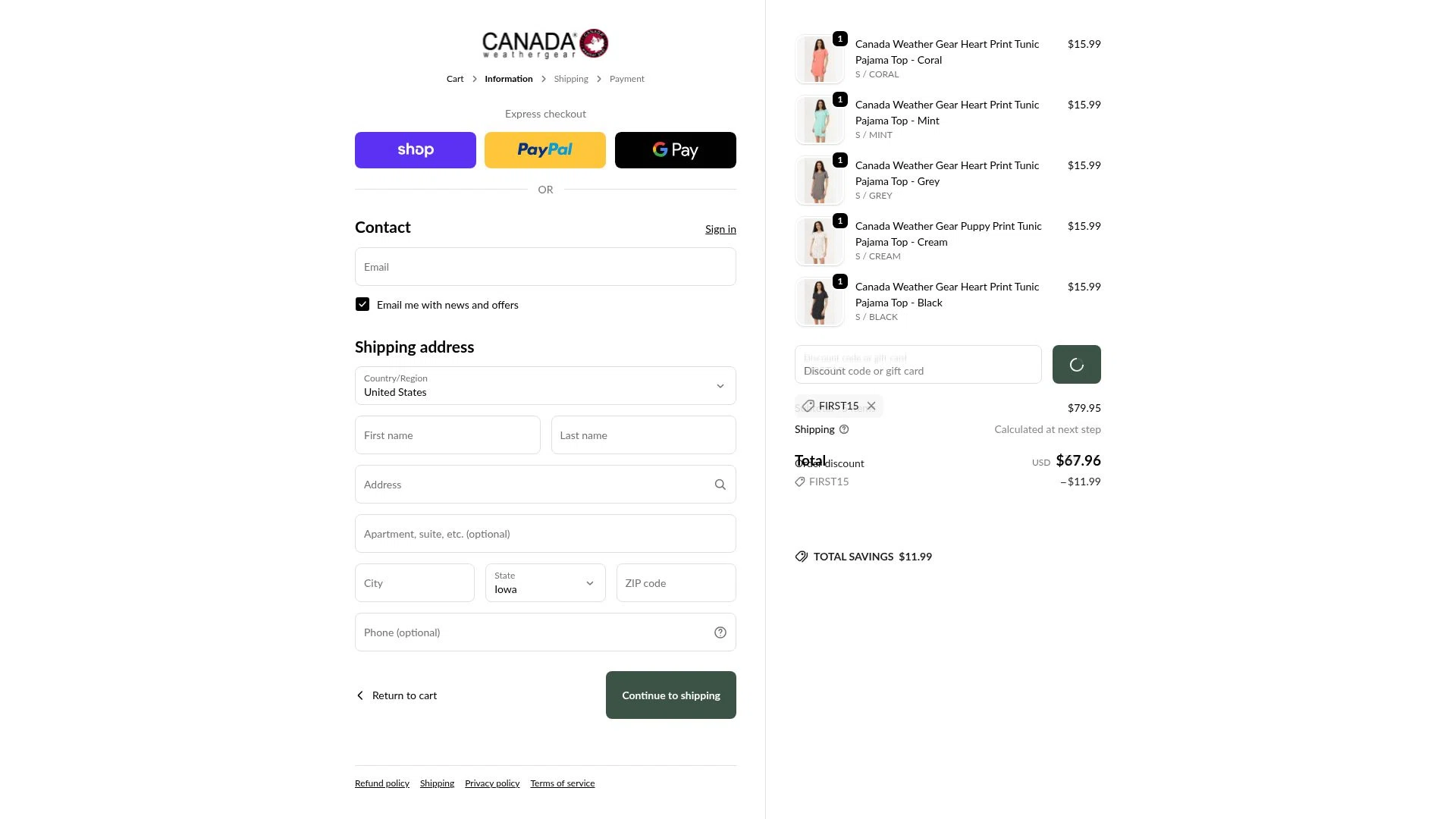 Canada Weather Gear checkout page showing Canada Weather Gear promo code box | Screenshot taken by SimplyCodes community member on Feb 17, 2026