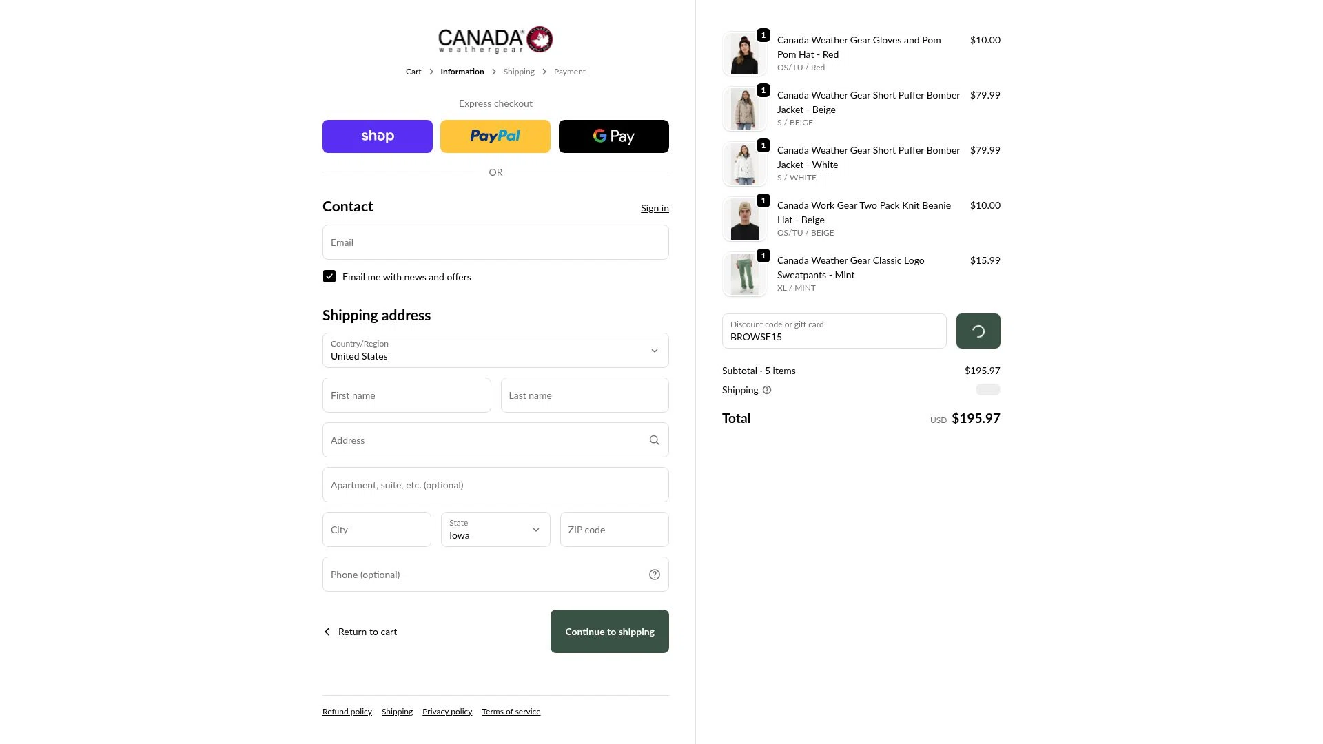 Canada Weather Gear checkout page showing Canada Weather Gear promo code box | Screenshot taken by SimplyCodes community member on Feb 8, 2026