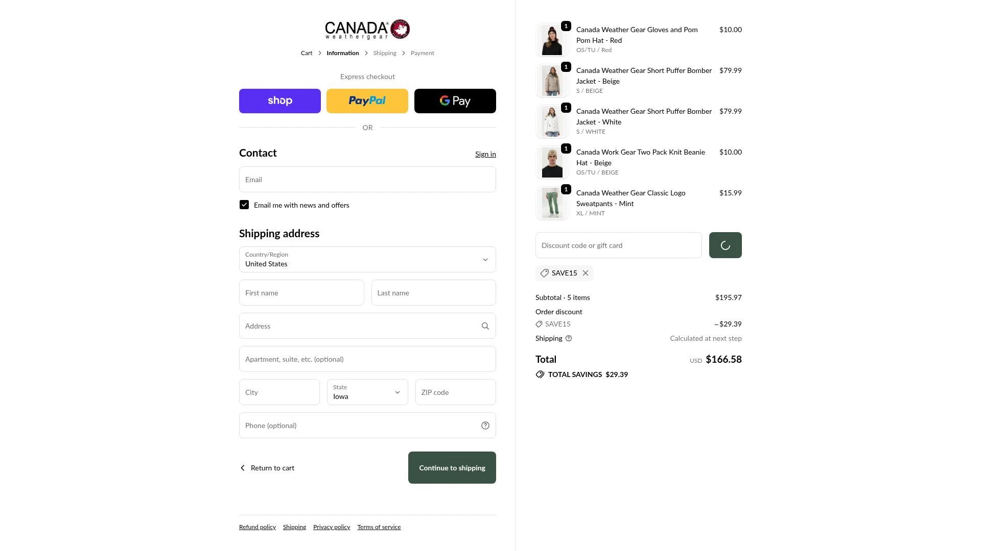 Canada Weather Gear checkout page showing Canada Weather Gear promo code box | Screenshot taken by SimplyCodes community member on Feb 8, 2026