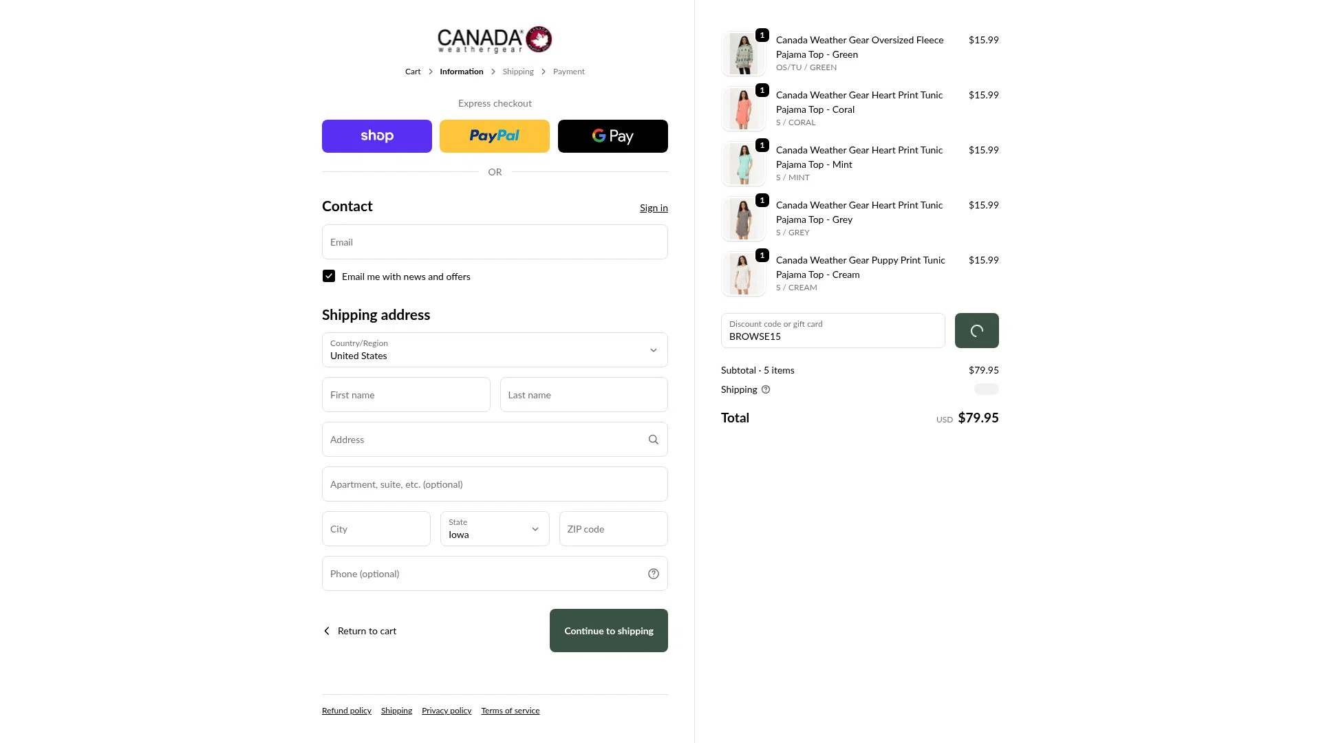 Canada Weather Gear checkout page showing Canada Weather Gear promo code box | Screenshot taken by SimplyCodes community member on Feb 13, 2026