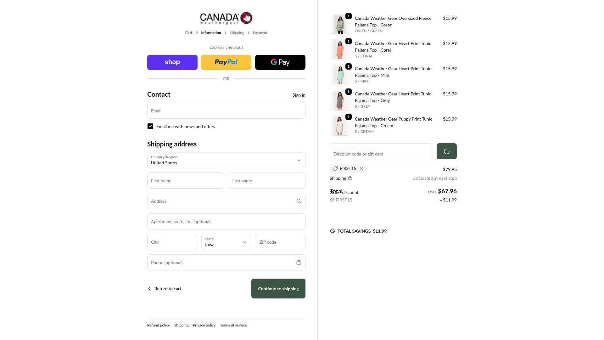 Canada Weather Gear checkout page showing Canada Weather Gear promo code box | Screenshot taken by SimplyCodes community member on Feb 13, 2026