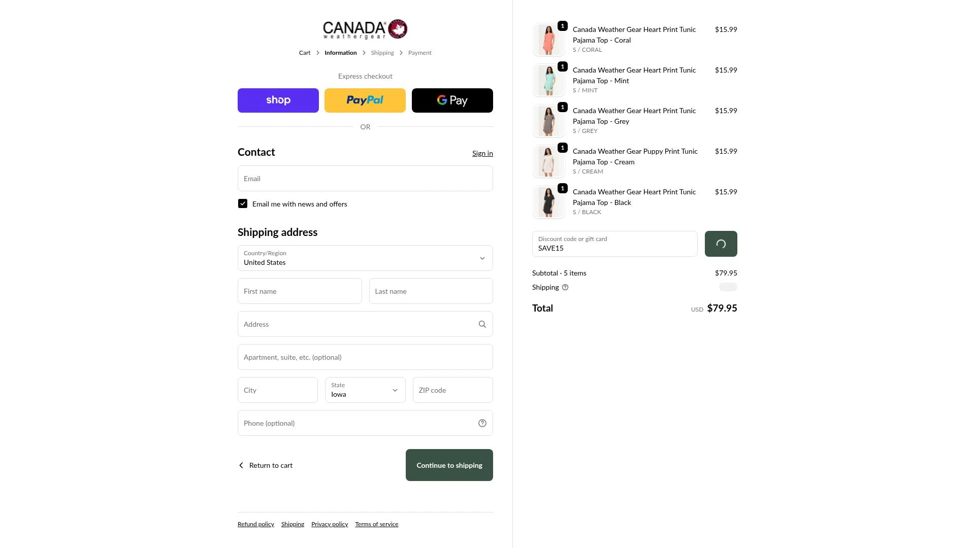 Canada Weather Gear checkout page showing Canada Weather Gear promo code box | Screenshot taken by SimplyCodes community member on Feb 17, 2026