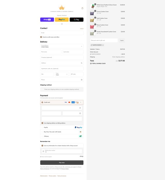 Canadian Down and Feather checkout page showing Canadian Down and Feather promo code box | Screenshot taken by SimplyCodes community member on Aug 4, 2025