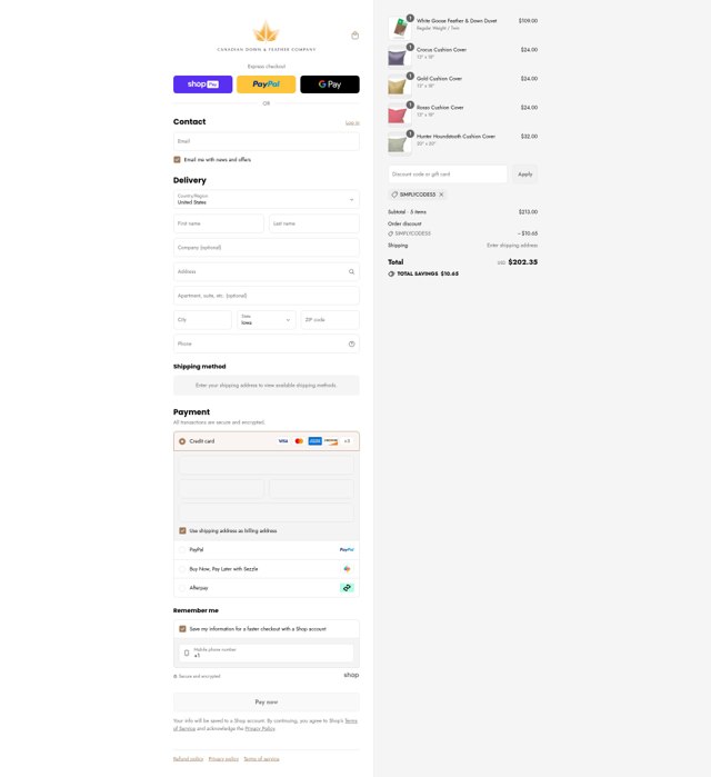 Canadian Down and Feather checkout page showing Canadian Down and Feather promo code box | Screenshot taken by SimplyCodes community member on Aug 22, 2025