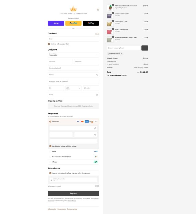 Canadian Down and Feather checkout page showing Canadian Down and Feather promo code box | Screenshot taken by SimplyCodes community member on Aug 12, 2025