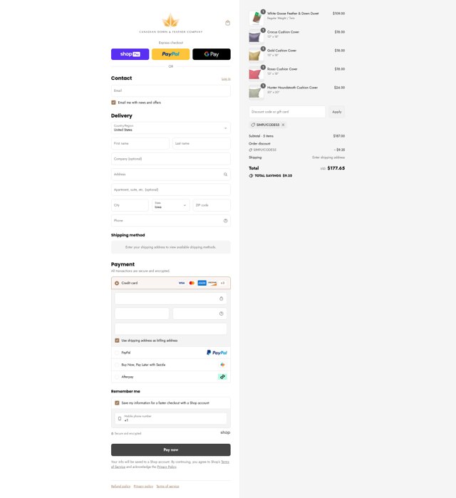 Canadian Down and Feather checkout page showing Canadian Down and Feather promo code box | Screenshot taken by SimplyCodes community member on Aug 8, 2025