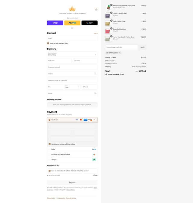 Canadian Down and Feather checkout page showing Canadian Down and Feather promo code box | Screenshot taken by SimplyCodes community member on Sep 3, 2025