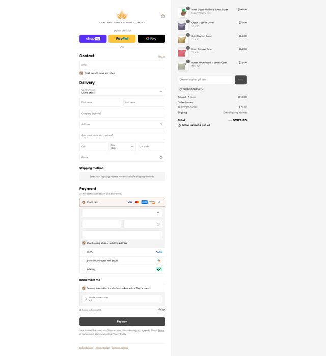 Canadian Down and Feather checkout page showing Canadian Down and Feather promo code box | Screenshot taken by SimplyCodes community member on Aug 16, 2025