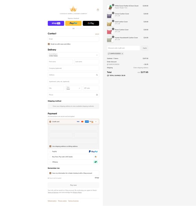 Canadian Down and Feather checkout page showing Canadian Down and Feather promo code box | Screenshot taken by SimplyCodes community member on Jul 31, 2025