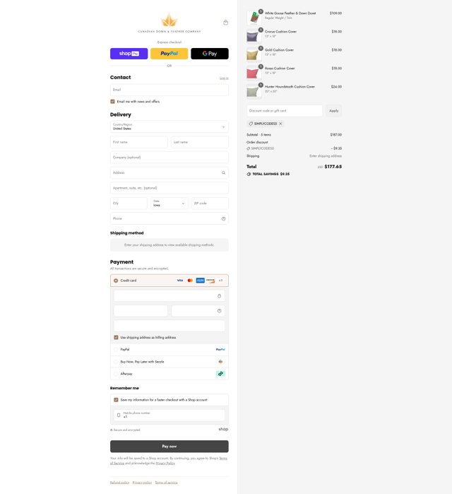 Canadian Down and Feather checkout page showing Canadian Down and Feather promo code box | Screenshot taken by SimplyCodes community member on Aug 26, 2025