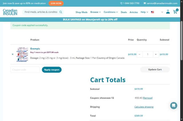 Canadian Insulin checkout page showing Canadian Insulin coupon code box | Screenshot taken by SimplyCodes community member on May 13, 2025