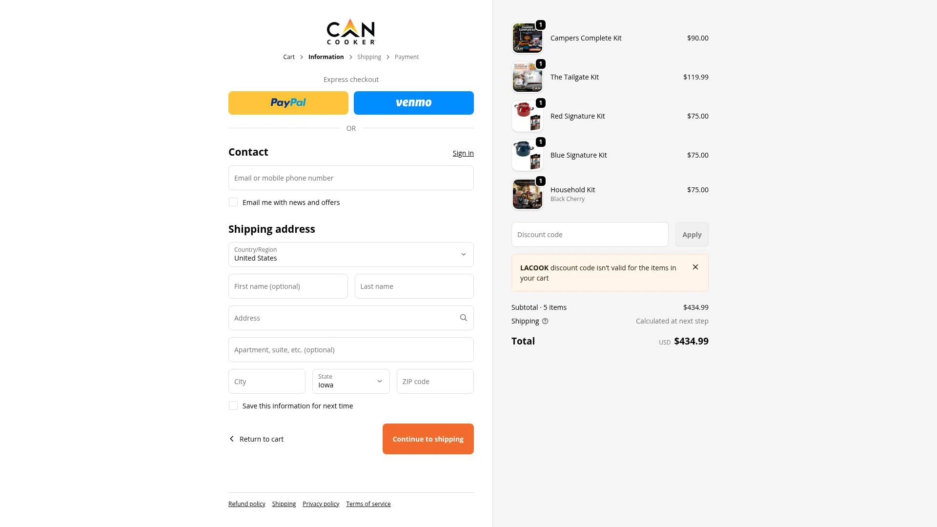 CanCooker checkout page showing CanCooker promo code box | Screenshot taken by SimplyCodes community member on Jan 10, 2026
