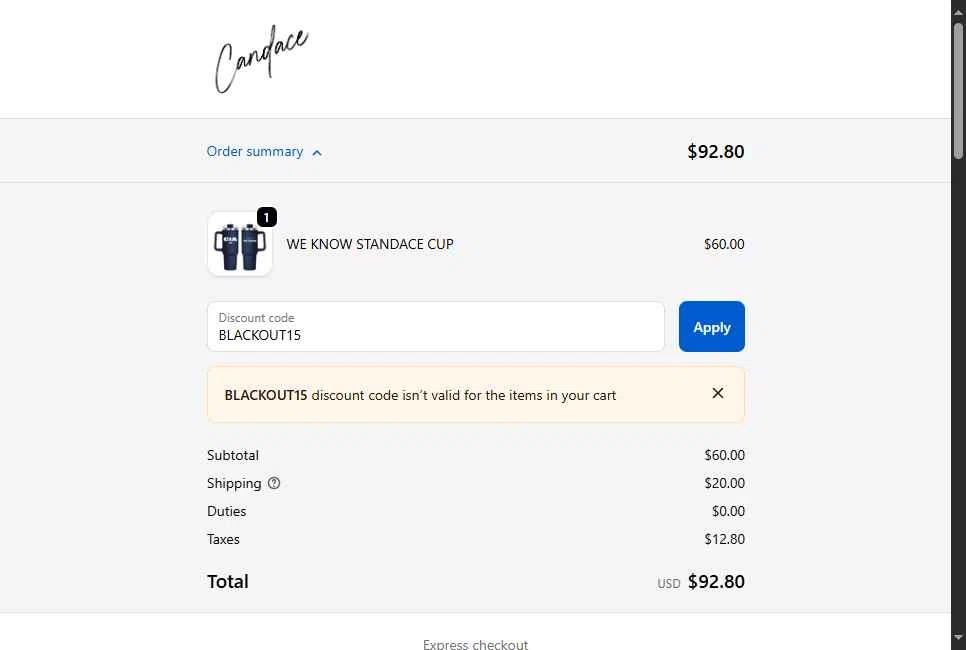 Candace Owens checkout page showing Candace Owens promo code box | Screenshot taken by SimplyCodes community member on Oct 8, 2025