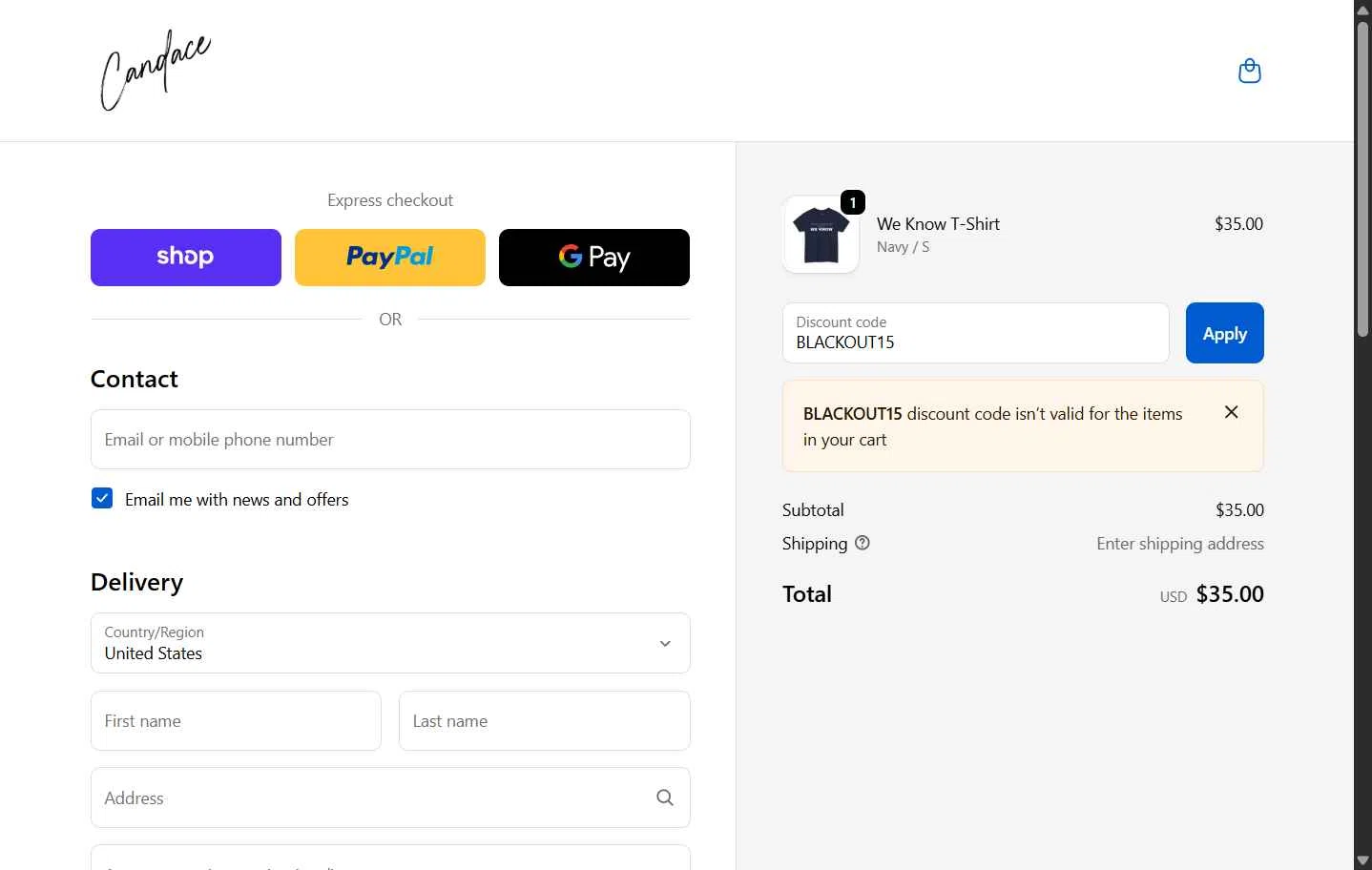 Candace Owens checkout page showing Candace Owens promo code box | Screenshot taken by SimplyCodes community member on Nov 12, 2025