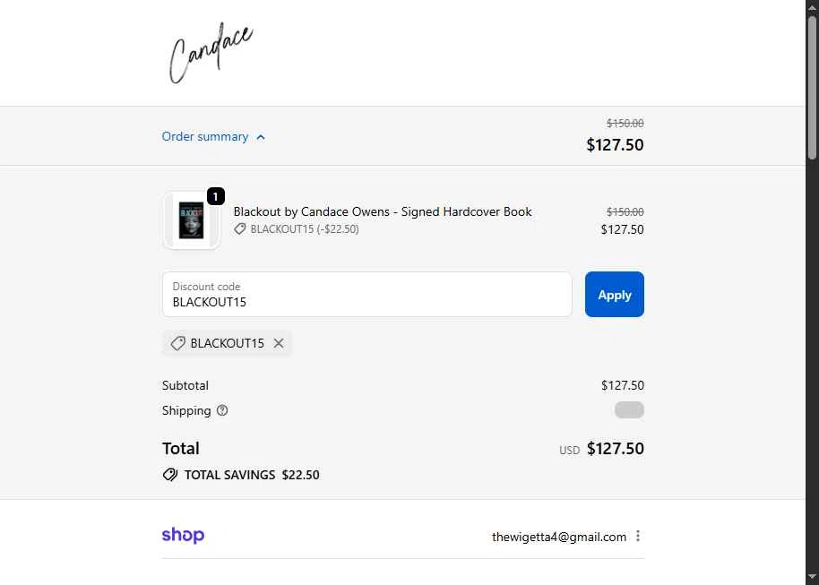 Candace Owens checkout page showing Candace Owens promo code box | Screenshot taken by SimplyCodes community member on Oct 28, 2025