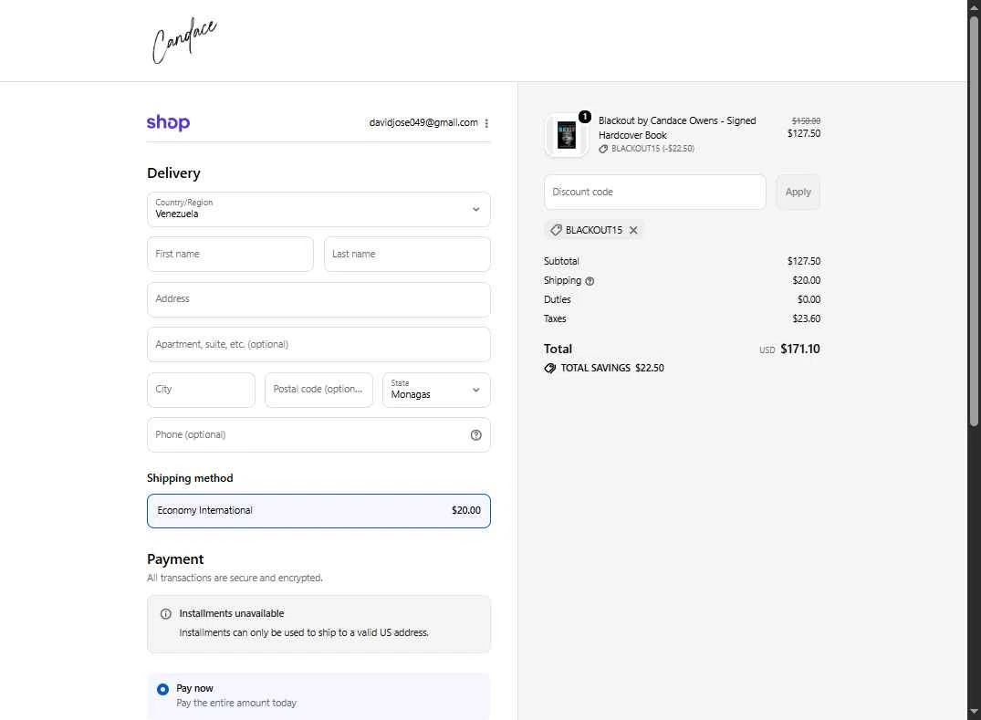 Candace Owens checkout page showing Candace Owens promo code box | Screenshot taken by SimplyCodes community member on Oct 8, 2025
