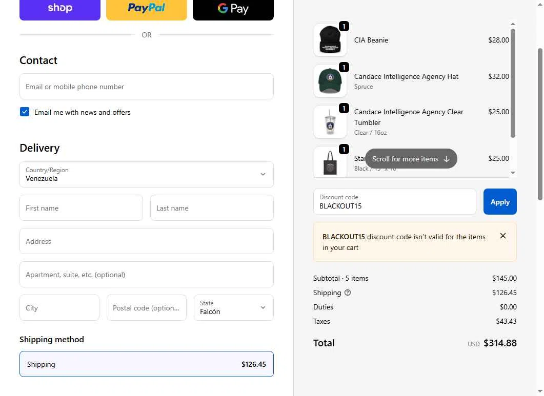 Candace Owens checkout page showing Candace Owens promo code box | Screenshot taken by SimplyCodes community member on Nov 12, 2025