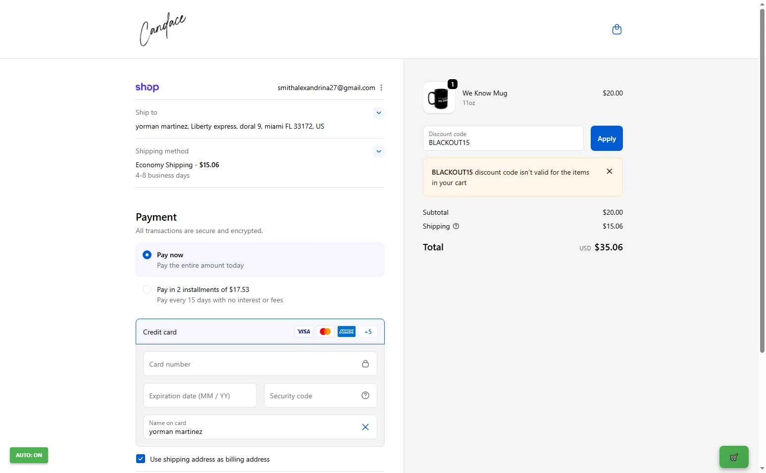 Candace Owens checkout page showing Candace Owens promo code box | Screenshot taken by SimplyCodes community member on Oct 31, 2025