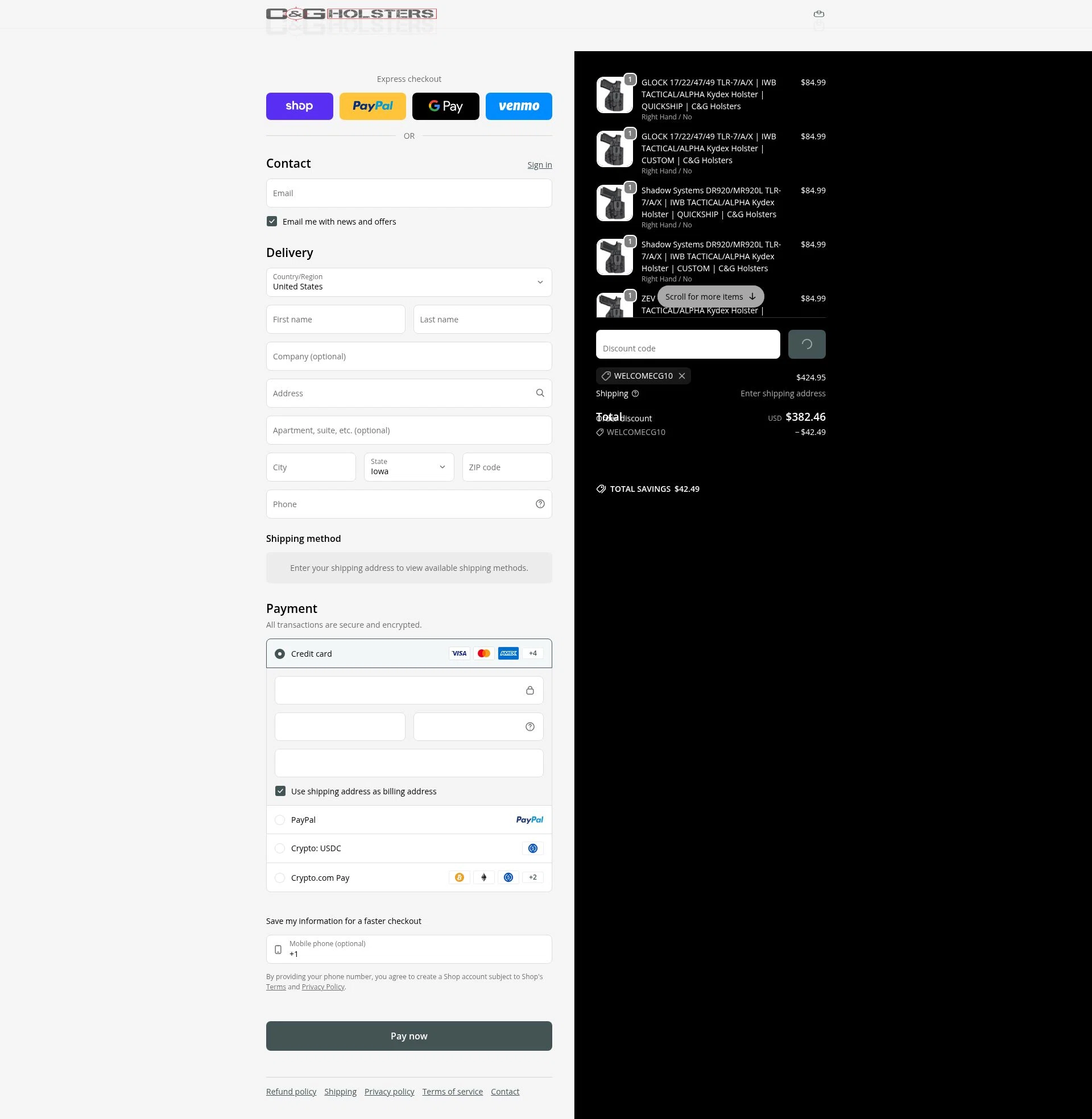 C&G Holsters checkout page showing C&G Holsters promo code box | Screenshot taken by SimplyCodes community member on Feb 5, 2026