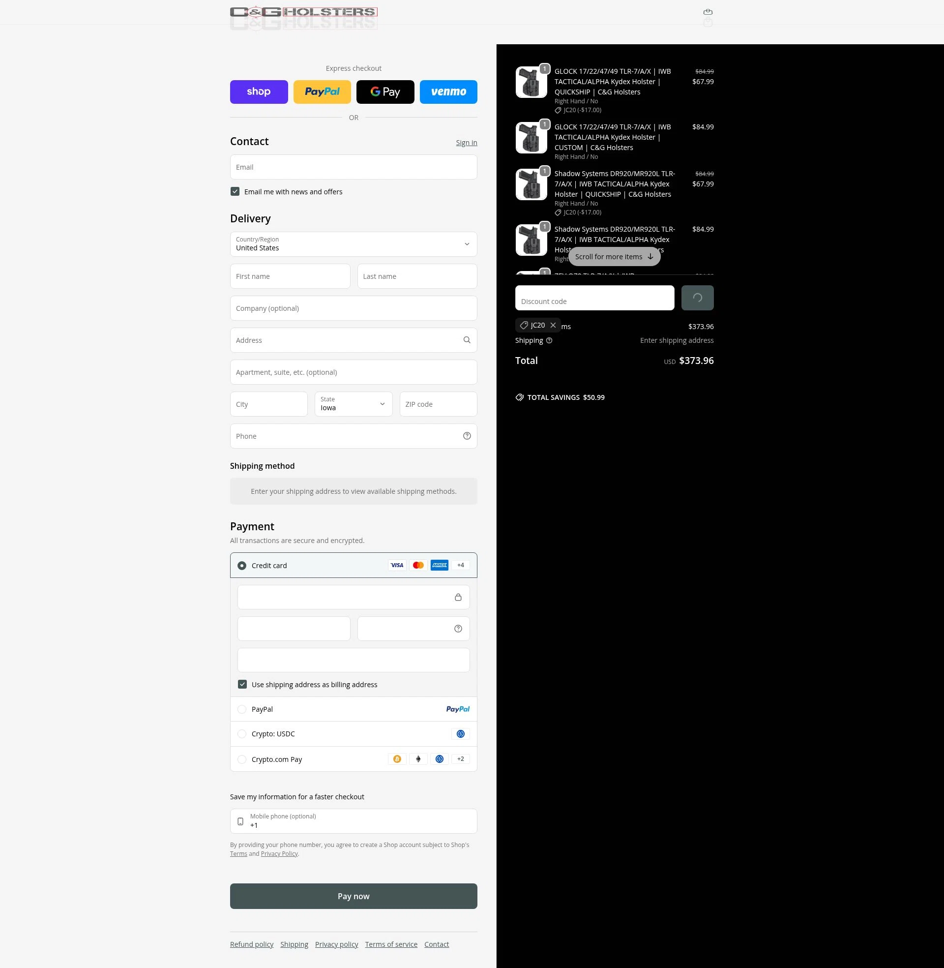 C&G Holsters checkout page showing C&G Holsters promo code box | Screenshot taken by SimplyCodes community member on Feb 14, 2026