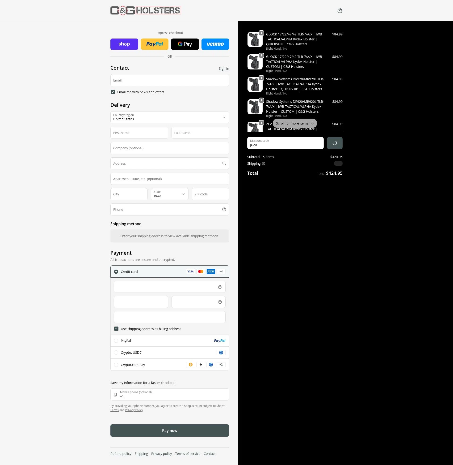 C&G Holsters checkout page showing C&G Holsters promo code box | Screenshot taken by SimplyCodes community member on Feb 10, 2026